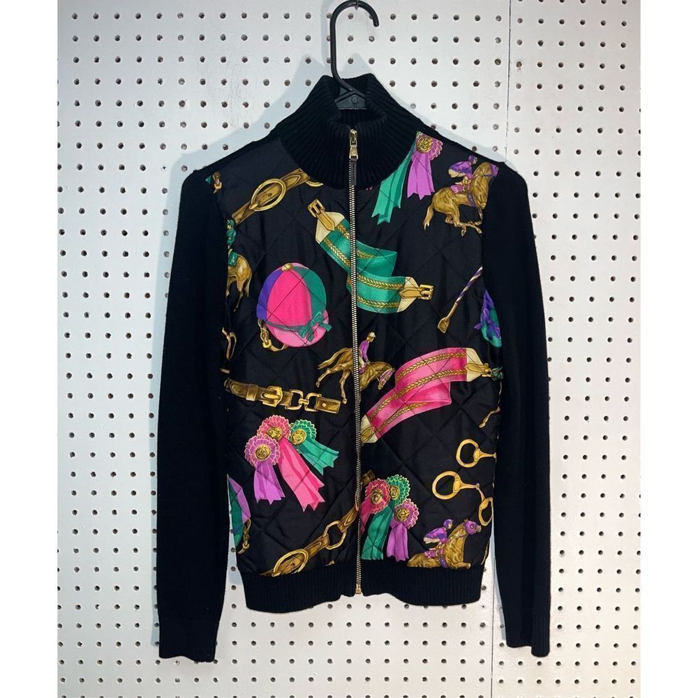 Lauren Ralph Lauren Equestrian Quilted Full Zip Silk Sweater